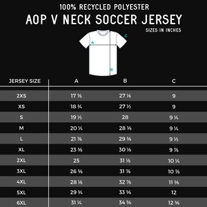 May include: Size chart for a V-neck soccer jersey made from 100% recycled polyester. The chart shows measurements in inches for the chest, length, and sleeve length for sizes 2XS to 6XL.