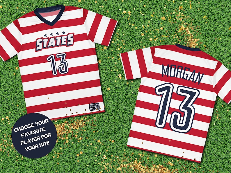 May include: Two red and white striped soccer jerseys with the number 13 on the front. One jersey has the word "STATES" above the number and the other has the name "MORGAN" above the number.