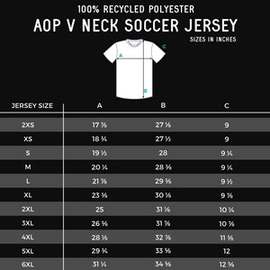 May include: Size chart for a soccer jersey made from 100% recycled polyester. The chart shows the jersey size, chest measurement in inches, and sleeve length in inches.