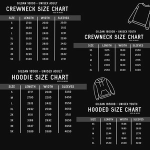 K&ouml;nnte beinhalten: Gr&ouml;&szlig;entabelle f&uuml;r Gildan 18000 und 18500 Unisex-Adult- und Jugend-Sweatshirts mit Rundhalsausschnitt und Kapuze. Die Tabelle zeigt die L&auml;nge, Breite und &Auml;rmell&auml;nge in Zoll f&uuml;r jede Gr&ouml;&szlig;e.