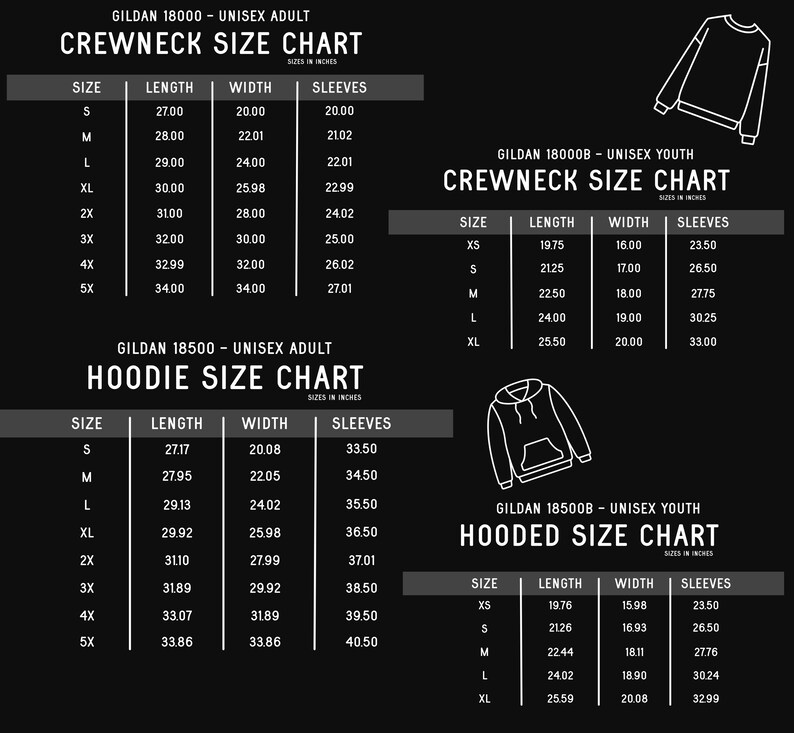 K&ouml;nnte beinhalten: Gr&ouml;&szlig;entabelle f&uuml;r Gildan 18000 und 18500 Unisex-Adult- und Jugend-Sweatshirts mit Rundhalsausschnitt und Kapuze. Die Tabelle zeigt die L&auml;nge, Breite und &Auml;rmell&auml;nge in Zoll f&uuml;r jede Gr&ouml;&szlig;e.