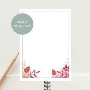 May include: Printable digital download of a blank card with a floral border. The border features pink, red, and orange watercolor flowers and leaves.
