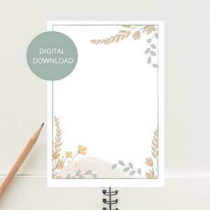 May include: A printable digital download featuring a white background with a border of light green and brown floral illustrations. The text "DIGITAL DOWNLOAD" is in a circle at the top left corner.