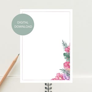 May include: A printable digital download of a blank card with a floral design in the bottom right corner. The flowers are pink and purple with green leaves. The text "DIGITAL DOWNLOAD" is in a circle at the top of the card.