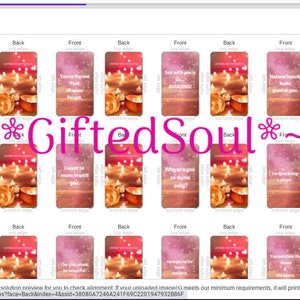 May include: A computer screen displaying a preview of 18 printable cards with a pink and gold background. The cards feature inspirational quotes and the text "Gifted Soul" in pink. The cards are arranged in a grid of 6 rows and 3 columns.