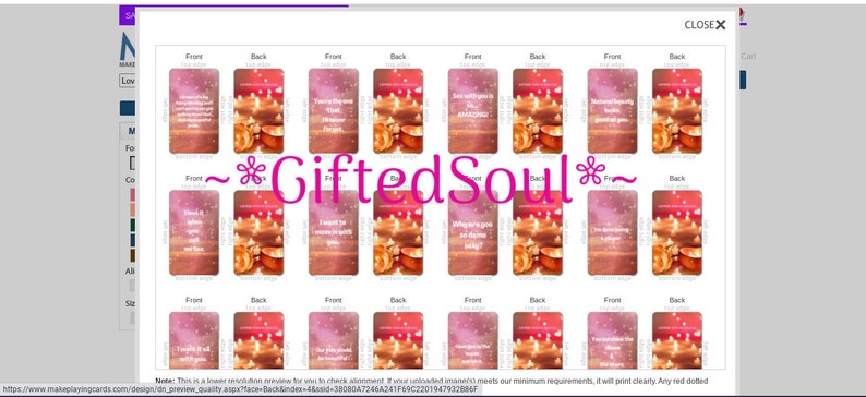 May include: A computer screen displaying a preview of 18 printable cards with a pink and gold background. The cards feature inspirational quotes and the text "Gifted Soul" in pink. The cards are arranged in a grid of 6 rows and 3 columns.