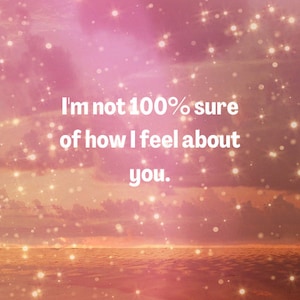 May include: A pink and orange sunset with a quote that reads "I'm not 100% sure of how I feel about you."