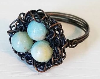 Wire and Bead Robin Egg Ring Sz 7.5