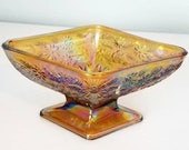 Diamond Shaped Amber Carnival Glass Candy Dish