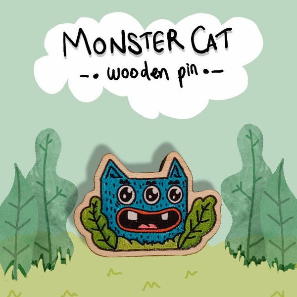 Épingle chat, épingle en bois mignonne, broche en bois, broche chat, badge monstre, Épingle à monstre, Cat pin, cute wooden pin, chat