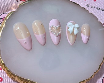 Pink Pearl and Bows Valentines Day Nails