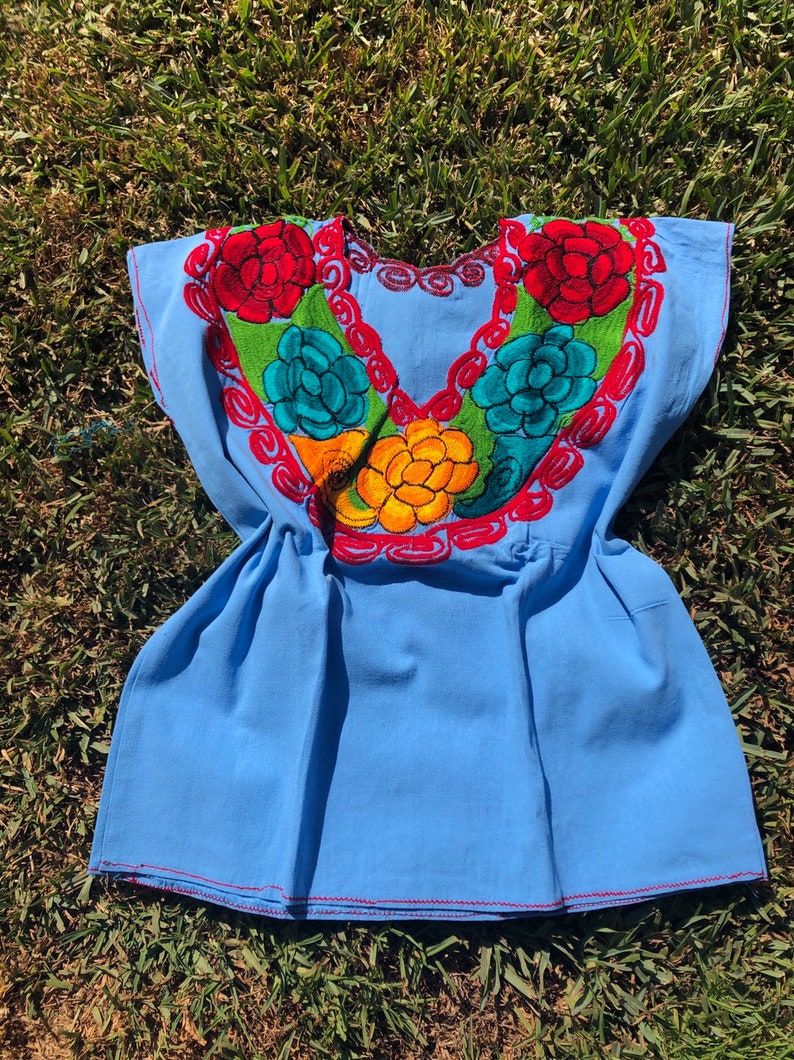Small Light Blue Handmade Mexican Shirt Embroidered