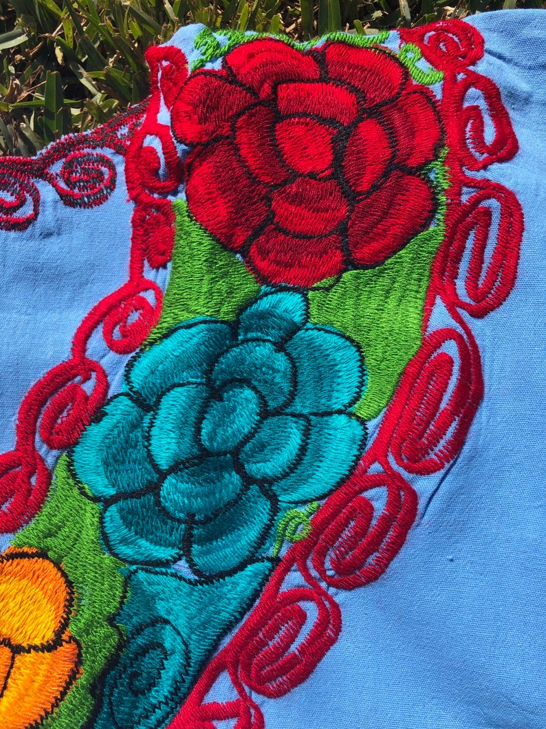 Small Light Blue Handmade Mexican Shirt Embroidered