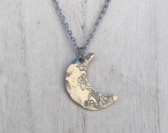 Floral moon necklace / pewter moon charm