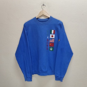 May include: A blue sweatshirt with a graphic of flags and the text "EC4BOYS" printed on the front.