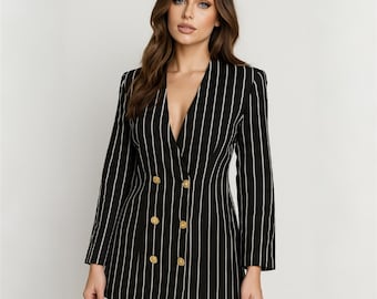 80s GIVENCHY Paris France Vintage Black White Pinstripe Gold Button Double Beasted Power Jacket Bold Shoulder Retro Businesswear Blazer