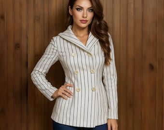 PIZZO BIANCO Vintage Clothing Nautical Women's White Color Blue Striped Hoodie Full Button Lightcoat Style 38 Size Outerwear Jacket