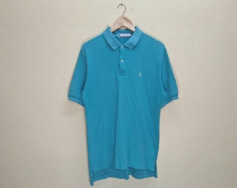 90s YVES SAINT LAURENT Vintage Clothing Embroidered Logo Unisex&#39;s Light Blue Turqoise Green Color Short Sleeve Button Up Shirts Polos.