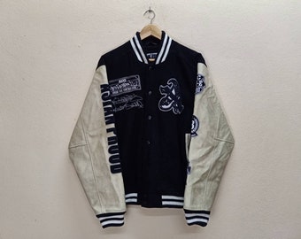 ACC Asian Can Controlz Vintage Clothing Japanese Brand Embroidered Big Logo Spell Out All Over Faux Leather Sleeve Black Medium Size Varsity