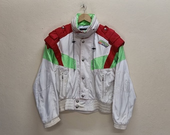 80s CISMON Vintage Japanese Unique Design Ski Jacket Colorblock Multicolor White Red Green Retro Winter Snowboarding Unisex Apres Outerwear