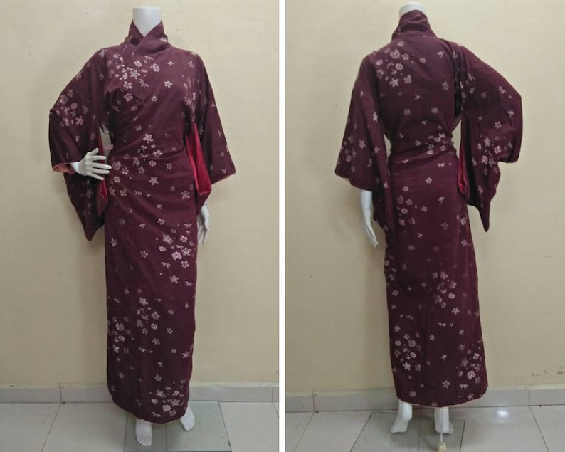 JAPANESE TRADITIONAL KIMONO Vintage Clothing Women/'s Dark Red Color Winter Summer Floral Pattern Long Robes.