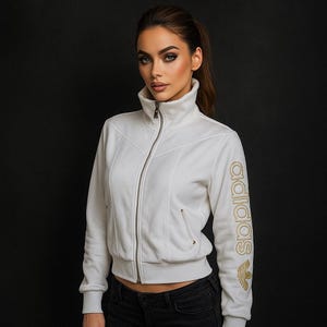 ADIDAS The Brand With The 3 Stripes Vintage Clothing Gold Embroidered Logo Spell Out White Color Long Sleeve Full Zipper Turtle Neck Jacket