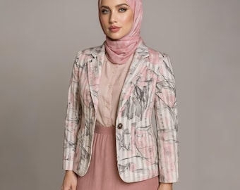 HERMANN LANGE Vintage Collection Pink Abstract Print Light Thin Blazer Women’s Size 46 Germany Designer Pastel Art Pattern Jacket Made in EU