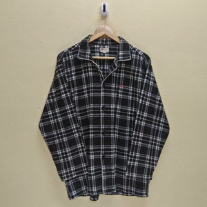 EDWIN Vintage Clothing Tartan Plaid Pattern Men&#39;s Black White Long Sleeve M Medium Size Full Button Shirts.