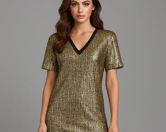 ZARA BASIC Vintage Gold Black Metallic Sequin Mini Party Dress Deep V-neck Short Sleeve Shiny Clubwear Bodycon Sparkly Mesh Grid Scale Tunic