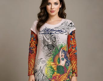 Vintage ED HARDY X Christian Audigier Women’s Long Sleeve Graphic Tee Shirt Crystals Mermaid Tattoo Pink Top Y2K Retro Flames Artwear Size M