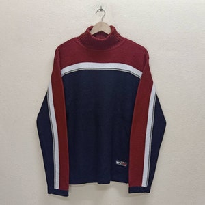 TOMMY HILFIGER Vintage Clothing Flag Logo Black White Red Color Men&#39;s Turtle Neck Long Sleeve Knitwear Sweater Sweatshirts.
