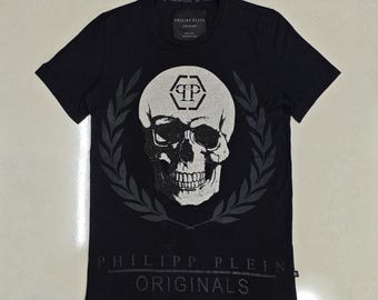 Vintage PHILIPP PLEIN Skull Crystal T-Shirt Black Designer Rhinestone Tee Luxury Streetwear Graphic Shirt Couture Fashion S Size Gift