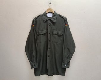 1985 WAHLER Vintage Clothing Germany Shoulder Flag Patch Logo Military Army Green Long Sleeve Full Button Up Large Size Field Shirt