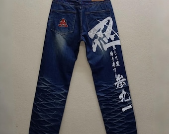 SANMARUICHI Vintage Japanese Skull & Crossbones Jeans Pirate Ninja Samurai Streetwear, Halloween Cosplay Pants, Punk Rock Gothic Blue Denim