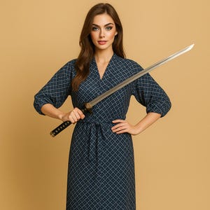 JAPANESE TRADITIONAL YUKATA Vintage Clothing Kimono Navy White Color Quarter Sleeve Winter Summer Abstract Pattern Monogram Long Robes.