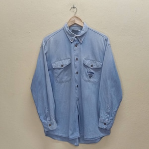 LEGERE By MCM Vintage Clothing Made In Italy Embroidered Logo Denim Blue Nicely Faded Full Button Down M Medium Size Shirts.