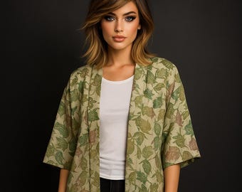 Vintage Japanese Kimono HAORI Jacket Green Leaf Print Yukata Cardigan Boho Layering Kimono Outerwear Streetwear  Handmade Japan Fashion