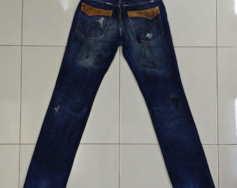 MONSIEUR NICOLE by MATSUDA Vintage Japanese Luxury Distressed Splatter Paint Rips Style Contrast Deer Leather Pockets Denim Jeans Y2K.