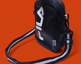 Vintage FILA Small Crossbody Bag Men Women Retro Black Shoulder Bag Unisex Sporty Streetwear Sling Bag 90s Style Mini Messenger Bag