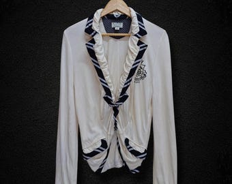 Vintage 90s PRL POLO JEANS Co. Ralph Lauren Preppy Knit Y2K Blazer Cardigan Cream Color Striped Trim Embroidered Crest Logo Women’s Size M