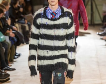 HAMNETT By Katharine Hamnett London Vintage Clothing Mohair Mesh Black White Stripes Long Sleeve S Size Knitwear.