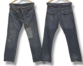 TCB JEANS Hajime Inoue Vintage Clothing Distressed Patched Ripped Fly Button Paint Splattered Straight Cut Denim Jeans Pants.