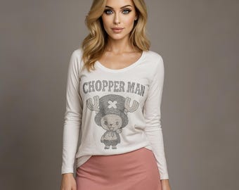 ONE PIECE ANIME Chopper Man Tony Chopper Vintage Clothing Crystals Big Graphic White Color Long Sleeve Scoop Neck T-Shirt