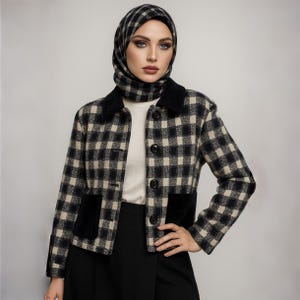 GIVENCHY Vintage Clothing Tartan Plaid Black White Color White Lining Full Button Long Sleeve Double Pockets Crop Top Blazers.