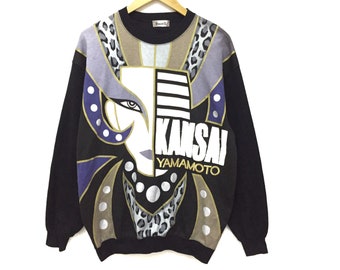 KANSAI YAMAMOTO Vintage 80's Limited Edition Kansai 02 Tribute To David Bowie Face Multicolor Black Big Graphics All Over Pull Sweatshirt