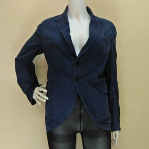 May include: A dark blue blazer with a single button closure and two pockets. The blazer has a slightly fitted silhouette.
