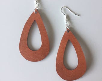 TEARDROP LEATHER EARRINGS in Orange (front) and Red (back) Genuine Cut Out Leather