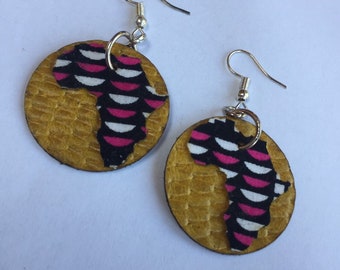 Small dark yellow and geometric patterned AFRICAN LEATHER and ANKARA Fabric Earrings, hand crafted earrings, upcycled earrings