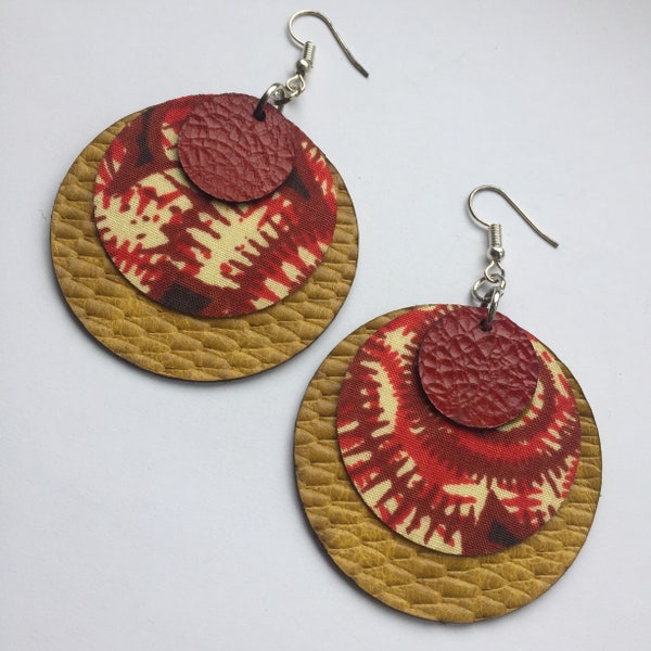 RED SHINY EARRINGS, made of layered Ankara fabric and leather, in earth tones, handmade earrings