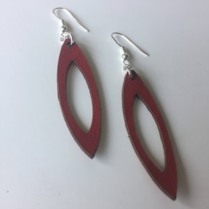 DELICATE RED LEATHER, Large Thin Cutout Leaf Shaped Earrings in Red (front) and Orange (back) Leather